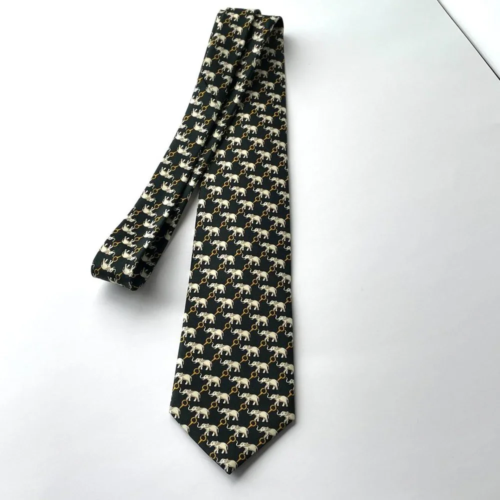 Rene Chagal Black Elephant Print Hand‎ Made 100% Silk Neck Tie Novelty Neckwear